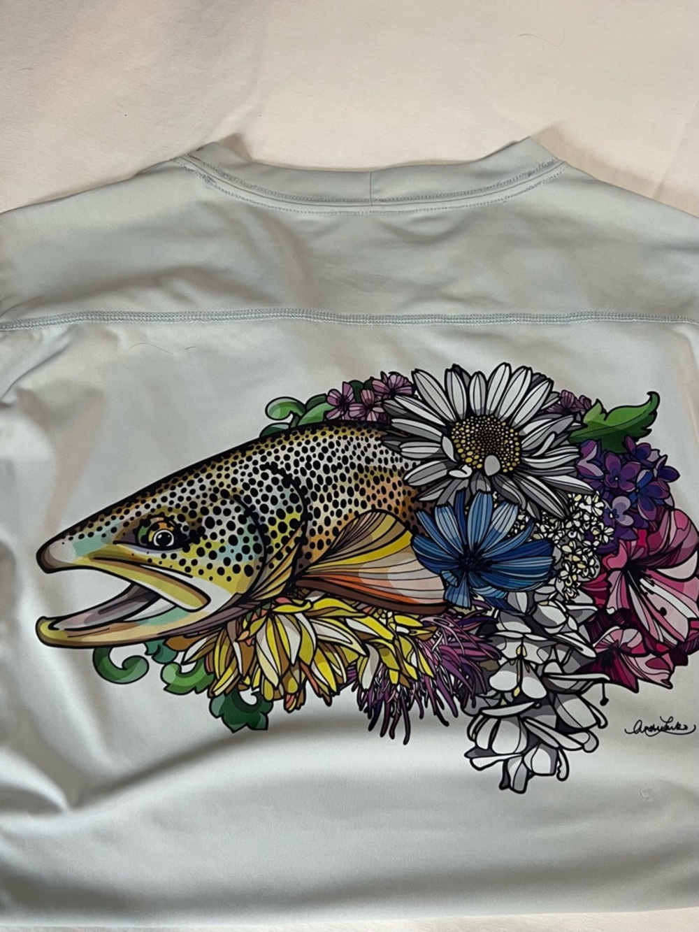 Simms Solarflex Fishing Shirt in Light Green with Fish Print; Women’s Medium